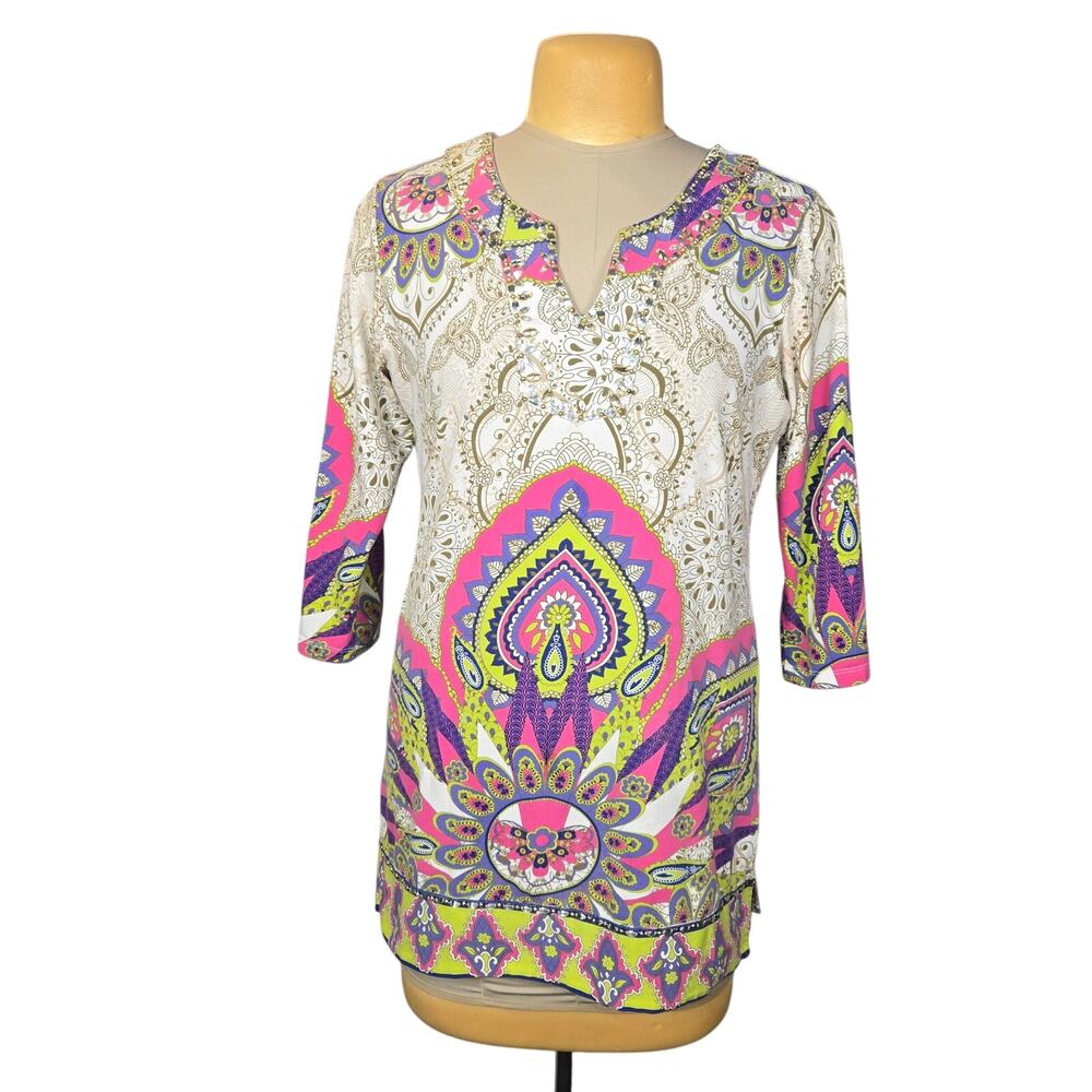Soft‎ Surroundings Womens Medium Tunic Embellished Kaleidoscope Boho Mandala